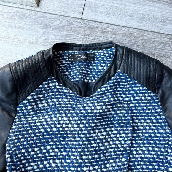 Zara Trafaluc Blue Black Tweed Faux Leather Moto Jacket - Picture 7 of 16
